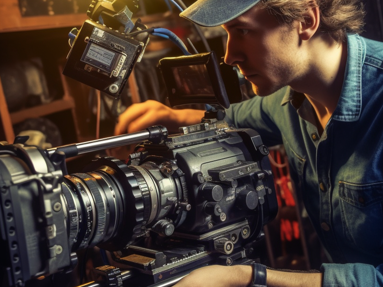 Camera operator framing a shot on a cinema rig under warm set lighting.