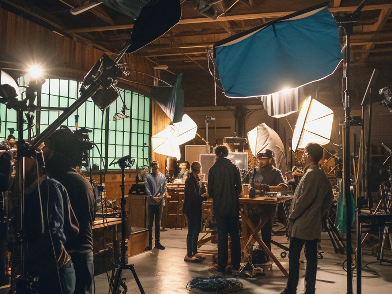 A working photo studio set with crew, softboxes and a boom under warm light